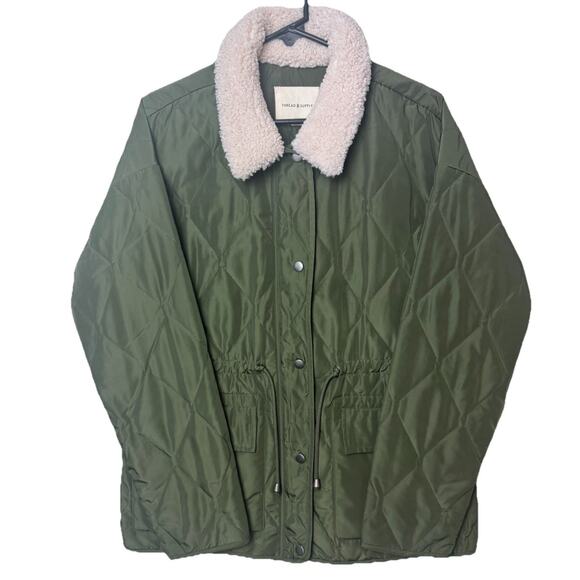 Womens L Sherpa Trim Jacket Cinched Waist Quilted Hunter Green Thread & Supply - Picture 1 of 6